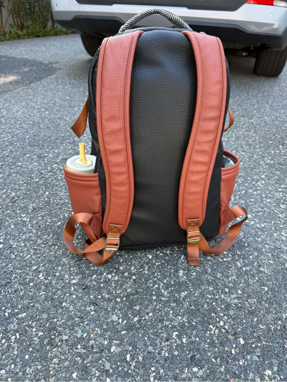 Itzy Ritzy Herringbone Black & White Backpack with Brown Trim